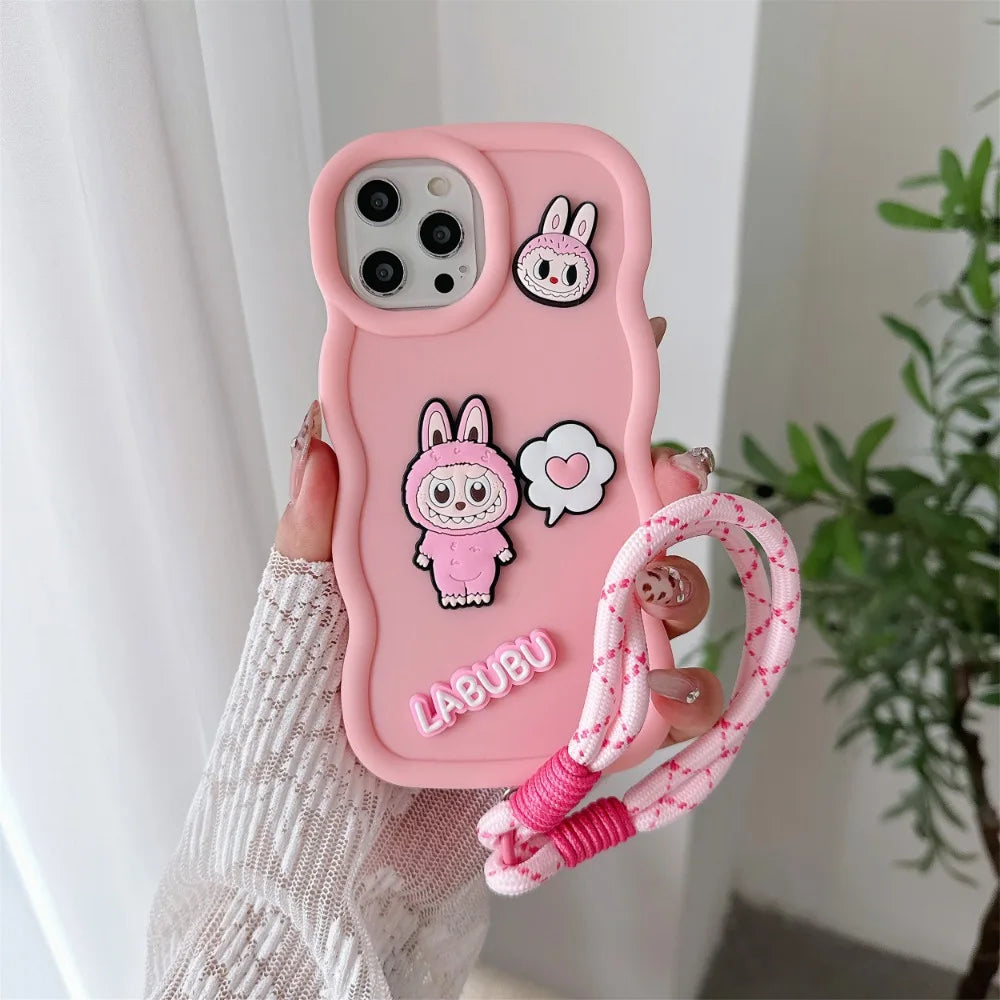 Labubu Cute 3D iPhone Case – with Wrist Strap, Silicone Soft Protective