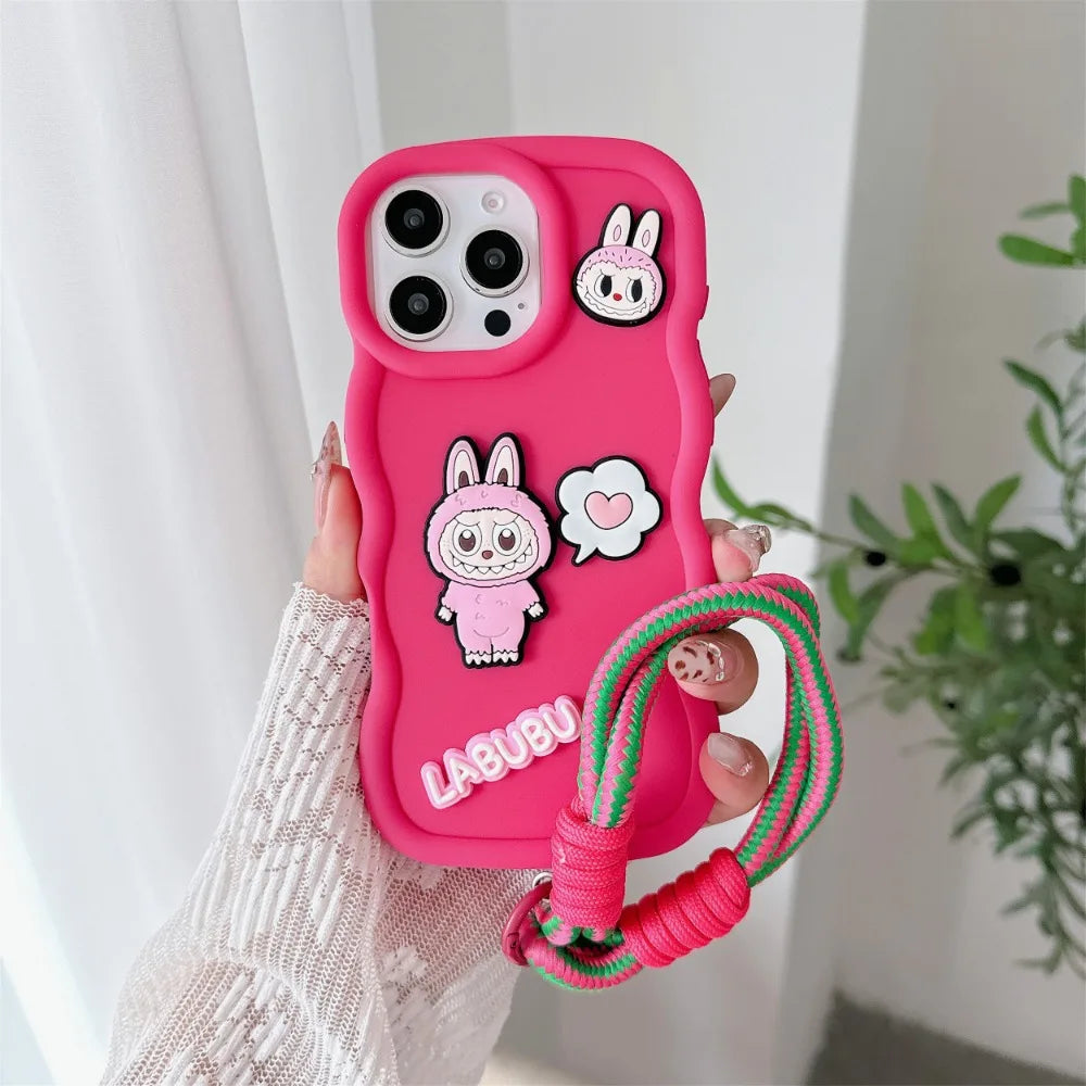 Labubu Cute 3D iPhone Case – with Wrist Strap, Silicone Soft Protective