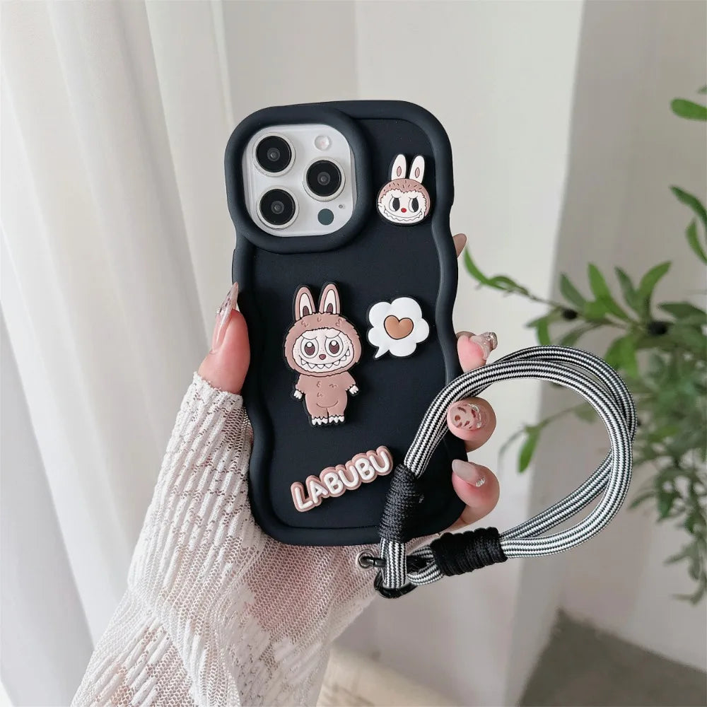 Labubu Cute 3D iPhone Case – with Wrist Strap, Silicone Soft Protective